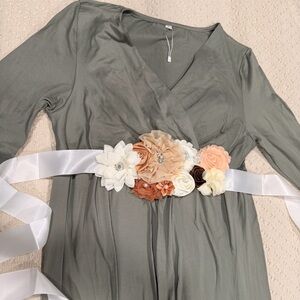 Olive Green Maxi Dress with Floral Satin Sash L